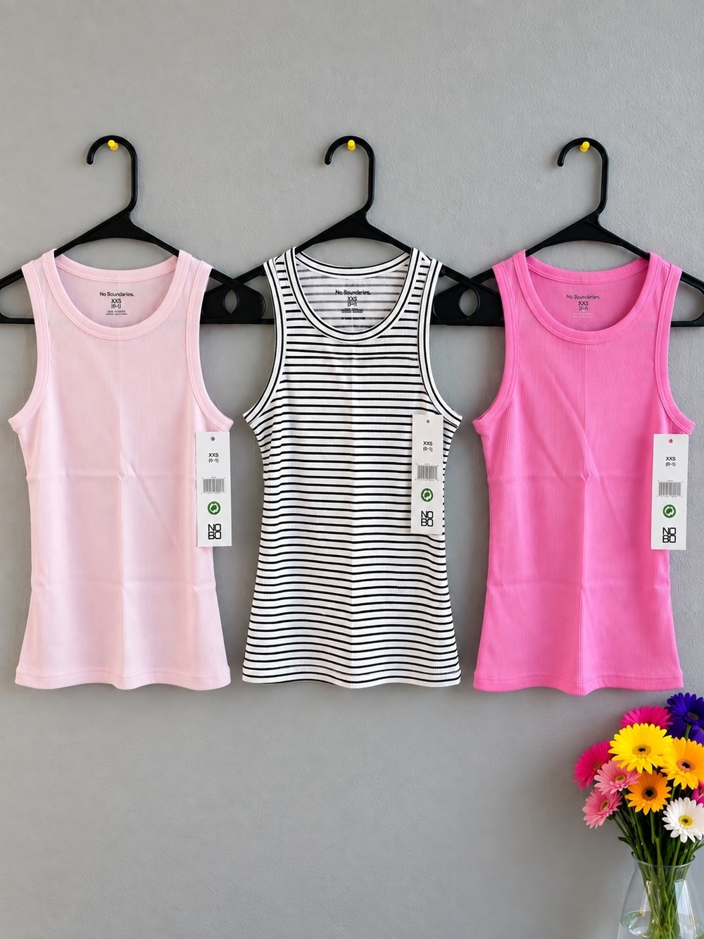 No Boundaries Tank Top Trio - Light Pink, Black/White Stripe, Hot Pink